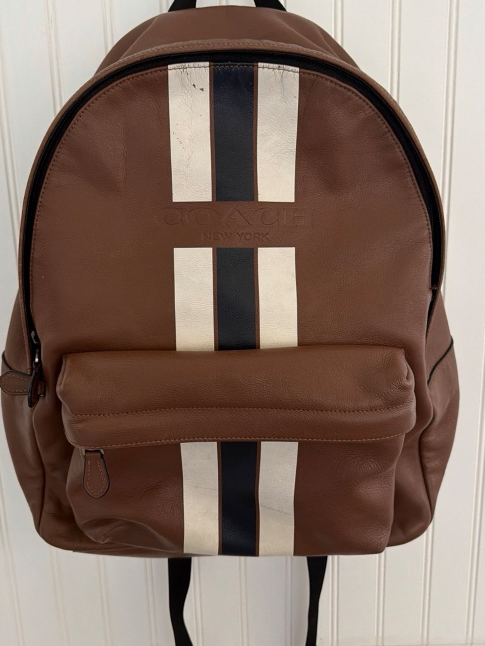 Coach - Brown Leather Backpack with White and Black Stripes